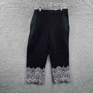 Chicos Womens 100% Linen Cropped Pants 8 Black Pull on Straight Leg Embroidered